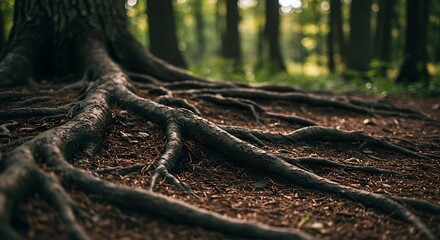Fototapeta premium Tree Roots Spreading Across Forest Floor in Natural Light