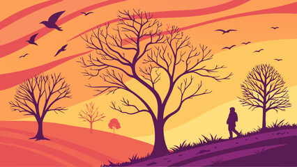 Vibrant Sunset Landscape Illustration with Bare Trees a Person Walking and Birds Against a Colorful Sky
