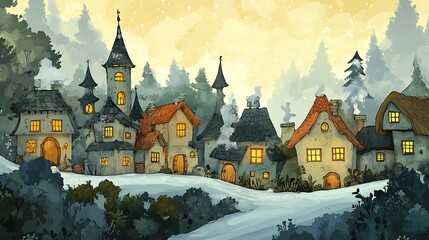 Digital illustration of a whimsical, snow-covered village with fairytale-like cottages and towers.