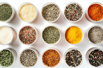 Highly detailed still life digital art of dried spices and herbs in small white ceramic bowls photorealistic high contrast lighting beautiful composition

