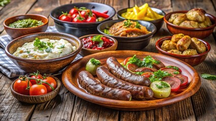 Closeup of Serbian pljeskavica served with Balkan style side dishes, dinner, traditional dish,  dinner, traditional dish, food