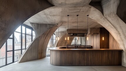 Modern, concrete interior with arched ceilings and a wooden bar
