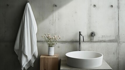 Modern bathroom with a white towel, vase of flowers, and a round sink against a concrete wall