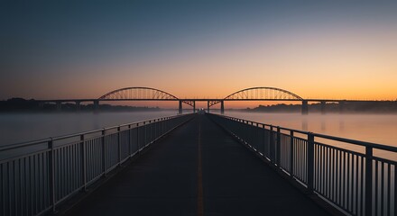 Obraz premium Walking on Bridge at Dawn with Fog Over Water