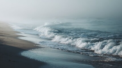 Misty Ocean Waves Crashing on the Shoreline, Evoking Serenity and a Sense of Coastal Escape, Ideal for Travel and Wellness Campaigns : Generative AI