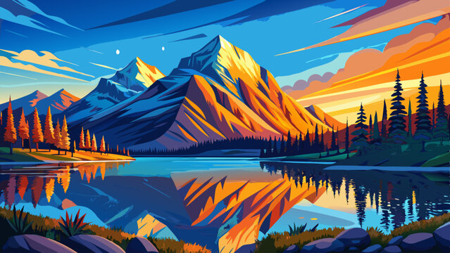 Sunrise on Mount Rundle with blue sky reflection on Rundle Forebay reservoir in autumn at Canmore