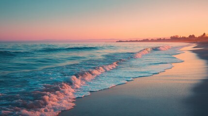 Fototapeta premium Ocean Waves Gently Rolling onto Sandy Beach at Sunset, Evoking Summer Relaxation and Coastal Getaways : Generative AI