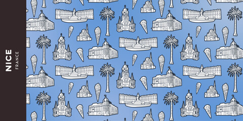 Pattern de Nice en France avec des symboles de la ville : place Mass&eacute;na, Cath&eacute;drale Saint-Nicolas, palmier de la promenade des anglais, &eacute;glise Sainte-Jeanne d'Arc...