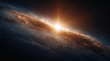 Fototapeta premium Brilliant Galaxy With Golden Light Rays Shining in the Dark Cosmos, Representing Cosmic Exploration and Scientific Discovery : Generative AI