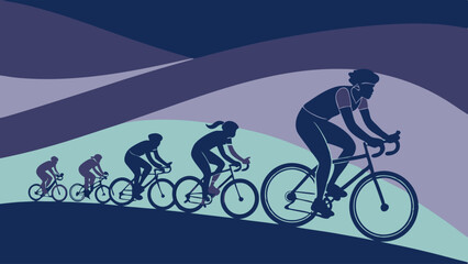 Obraz premium Stylized flat color illustration of five cyclists riding uphill in perspective through a hilly landscape