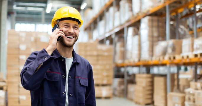 Un employ&eacute; souriant, parlant au t&eacute;l&eacute;phone, portant un uniforme bleu nuit et un casque jaune dans un entrep&ocirc;t commercial moderne et spacieux avec des palettes de marchandises floues en arri&egrave;re-plan.