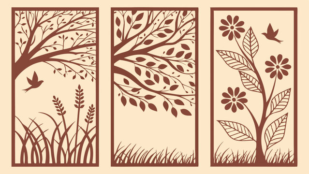 Set of 3 Decorative Laser Cut Nature Panels - Tree, Bird, Flower Silhouette Wall Art Screens
