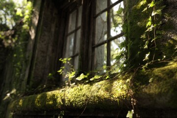 Moss Covered Window With Ivy, Representing Environmental Awareness and Architectural Heritage Preservation, Ideal for Sustainable Tourism and Conservation Campaigns : Generative AI