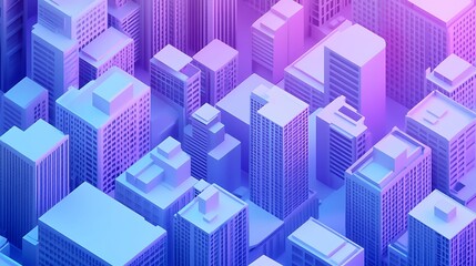 Obraz premium 3D render showcases a futuristic cityscape composed of stylized, geometric buildings in shades of blue and purple.