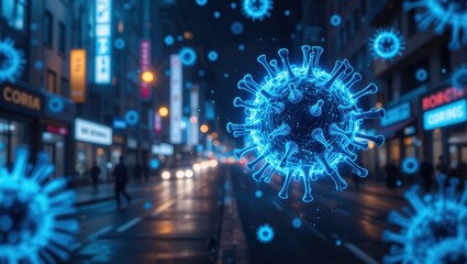 3D Illustration of a Coronavirus Floating Amidst a Nighttime Urban Street Scene