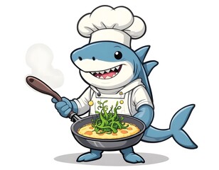 Chef Shark Preparing a Delicious Seafood Omelette in a Pan
