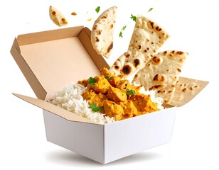 Indian Curry Rice And Naan Display In White Takeaway Box With Herbs