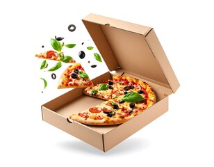 Delicious Pizza With Pepperoni And Olive Slices With Basil Leaves In Delivery Box Isolated