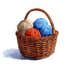 Colorful Yarn Balls in Wicker Basket Watercolor