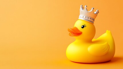 Photograph of yellow rubber duck with a silver crown sits on a bright orange background.