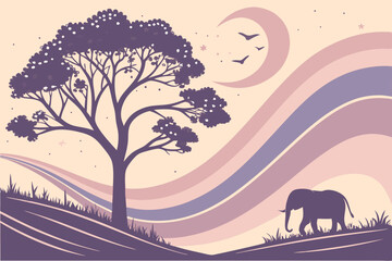 Serene silhouette landscape with elephant tree and moon illustration