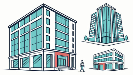 Set of Modern Office Commercial Buildings Architectural Sketch Illustration Blue Windows Red Entrance