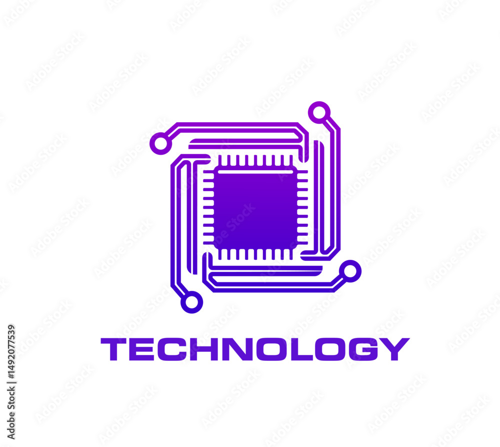 Leinwandbilder computer chip icon, ai technology symbol. vector purple emblem of a microchip circuit represents fut