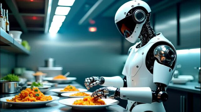 Futuristic humanoid robot preparing food in a high-tech kitchen, symbolizing AI and culinary automation