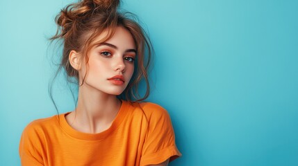 Fototapeta premium Young caucasian female with messy bun hairstyle against blue background