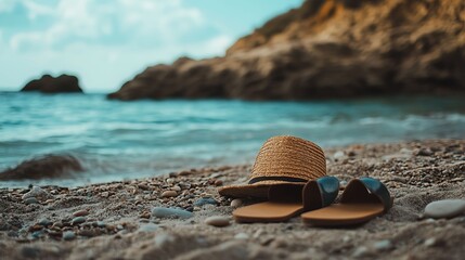 Photograph of beach scene featuring sandals, a hat, and rocky coastline under a clear blue sky.