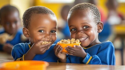 Two African children eat cereal at school