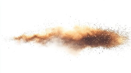 A burst of brown dust particles against a stark white background, creating a dynamic and textural cloud effect