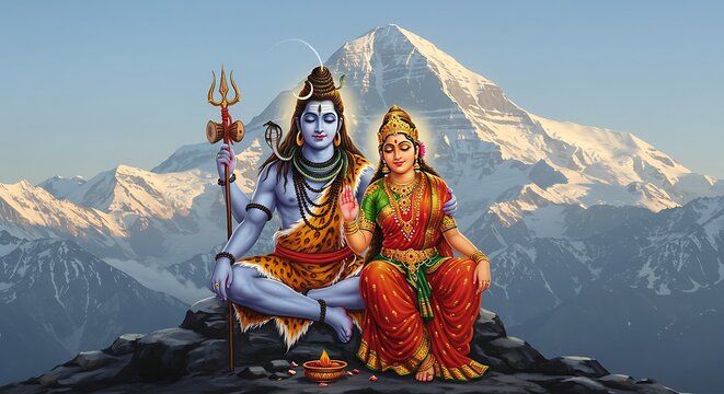 Hindu deities on mountain peak