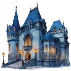Fototapeta premium Mystical Castle with Blue Roofs - Watercolor Painting.