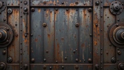 Fototapeta premium Weathered Metal Surface with Rust and Industrial Details in Dark Tones and Textured Patterns