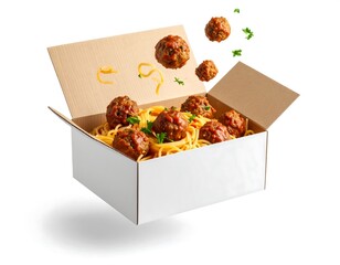 Meatballs And Spaghetti In Delivery Box On White Background Food Photography