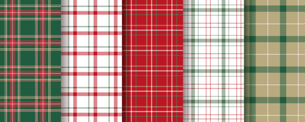 Christmas plaid background. Check seamless patterns. Red green lumberjack tablecloth. Set gingham fabric prints. Tartan shirt cloth. Classic flannel textures. Geometric backdrop. Vector illustration