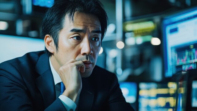 Asian analyst thinking hard in front of monitors - Powered by Adobe