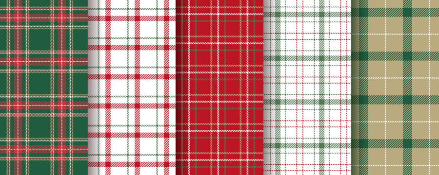 Christmas plaid background. Check seamless patterns. Red green lumberjack tablecloth. Set gingham fabric prints. Tartan shirt cloth. Classic flannel textures. Geometric backdrop. Vector illustration