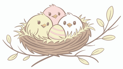 Adorable Pastel Cartoon Illustration Three Baby Chicks in Nest with Striped Easter Egg