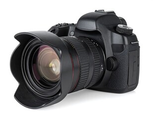 Fototapeta premium Black Digital Camera Isolated on White Background with Lens Detail in Front View