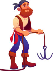 Cartoon pirate corsair character, boatswain personage with red beard holding a grappling hook. Vector sea rover sailor personage wears traditional costume. Funny comic corsair ready for boarding ships