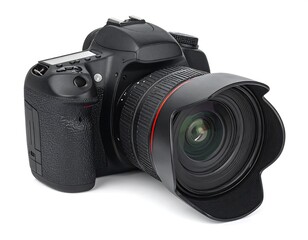 Fototapeta premium Black Digital Camera With Lens Isolated On White Background Detailed Close Up