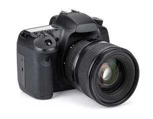 Fototapeta premium Detailed Black Digital Camera Isolated on White Background Showcasing Lens and Body