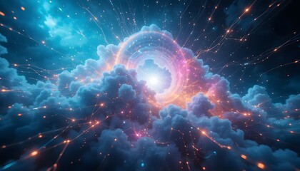 Celestial portal amidst glowing clouds and energy