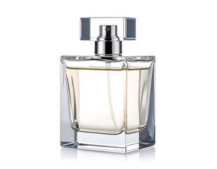 Elegant Perfume Bottle With Rectangular Clear Design And Silver Cap On White