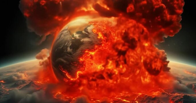 Explosive explosion in space with fiery clouds and glowing earth background