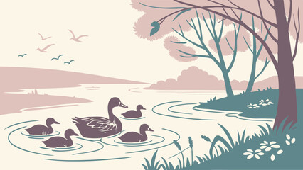 Retro Illustration of Mother Duck and Four Ducklings Swimming in a Peaceful River Landscape