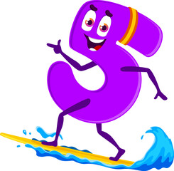 Cartoon math number five character surfing a board on summer vacation. Vector purple 5 digit numeric personage with cheerful face engaged in extreme water activity. Playful numeracy kids learning