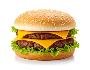 Double Cheeseburger with Fresh Lettuce and Melted Cheese on White Background